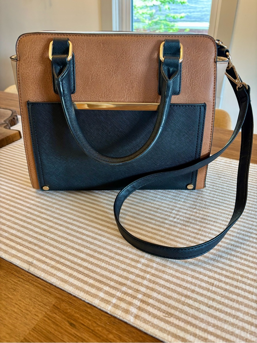 Structured Two-Tone Handbag  - Black & Caramel Brown